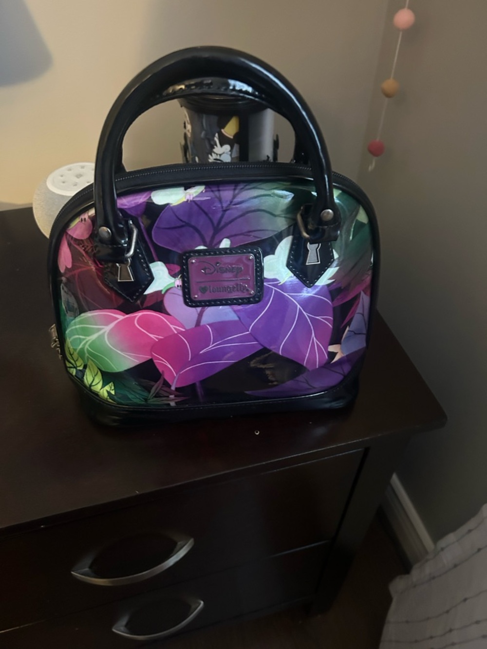 Loungefly Black Mini Dome RARE Alice in Wonderland Bag with Floral Print